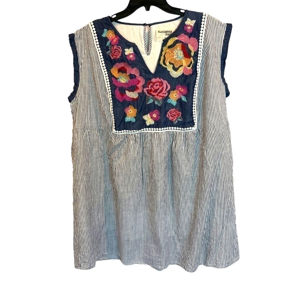 Savanna Jane Navy & White Striped Embroidered Dress/Tunic